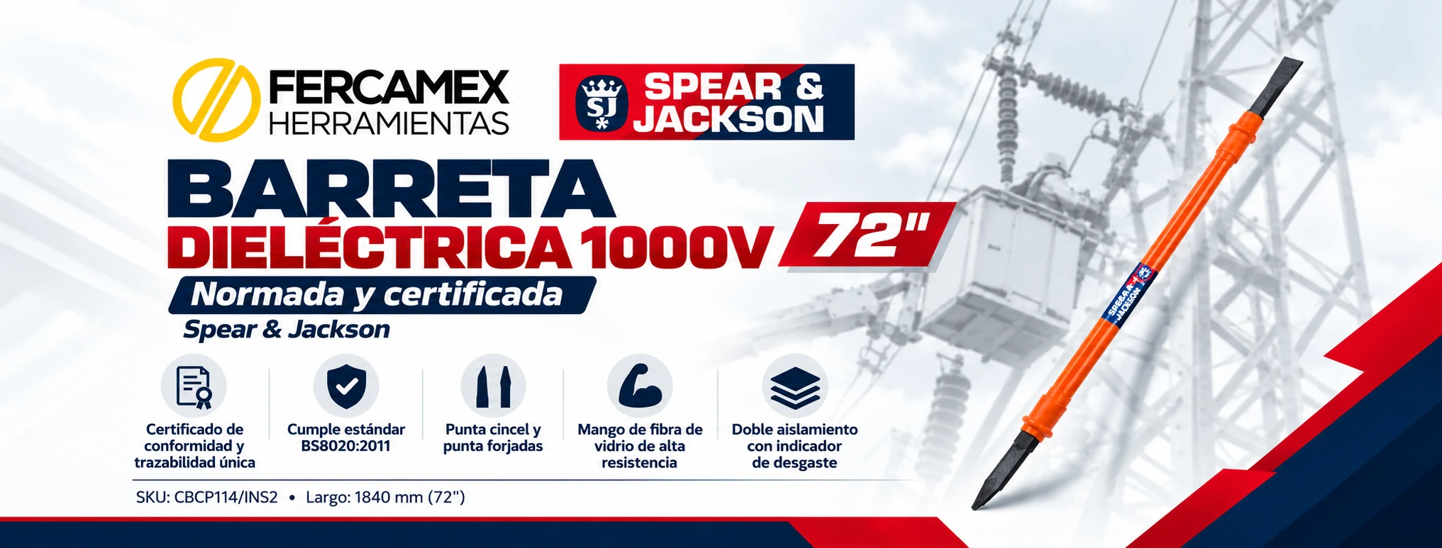 Barreta dieléctrica 1000V de 72" Spear & Jackson, normada y certificada BS8020:2011 – Fercamex Herramientas